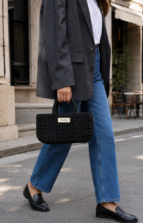 Maata Örgü Mini Tote Çanta Siyah